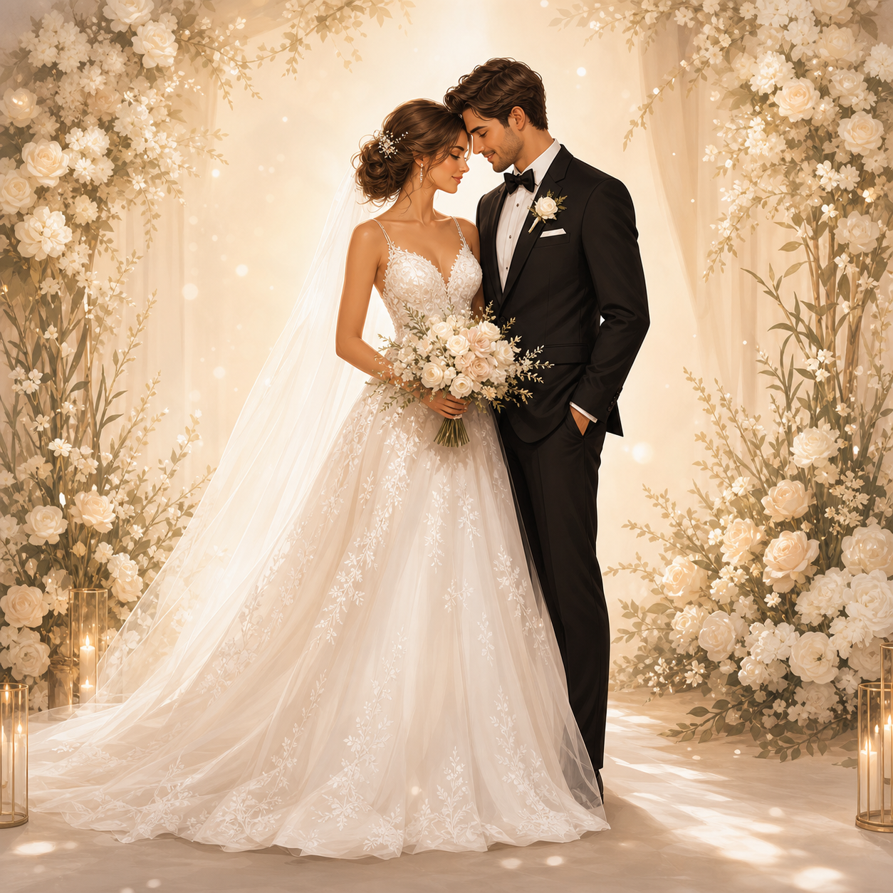 Elegant wedding illustration of a bride and groom