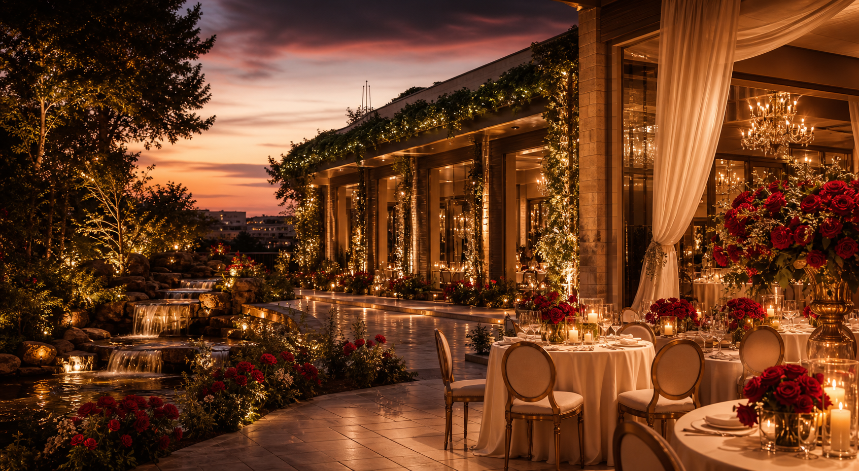 Ambient elegant restoranti me drita të ngrohta dhe detaj uji